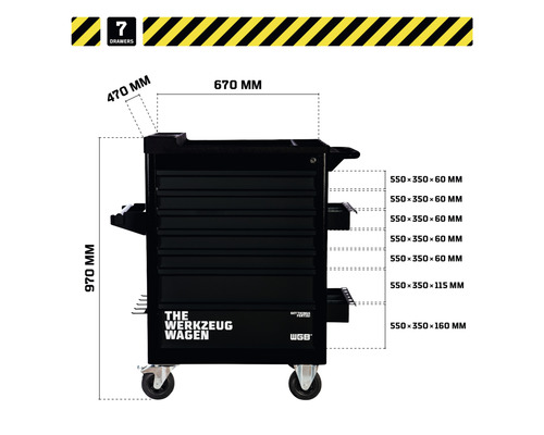 Image d''un servante d''atelier avec sept tiroirs et indications de taille.