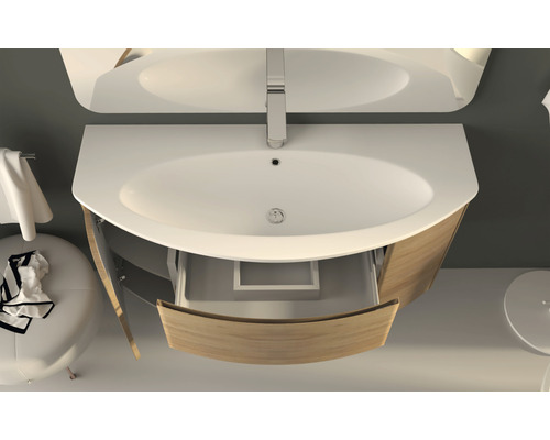 Vue de dessus d''une salle de bains avec lavabo, miroir et meuble sous-vasque avec tiroir