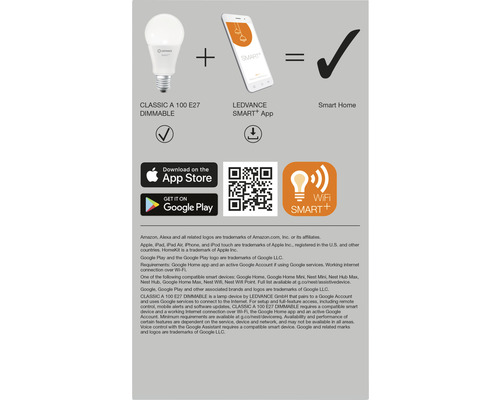 Darstellung einer dimmbaren Classic A 100 E27 Lampe, der Ledvance Smart Plus App und dem Symbol für Smart Home.