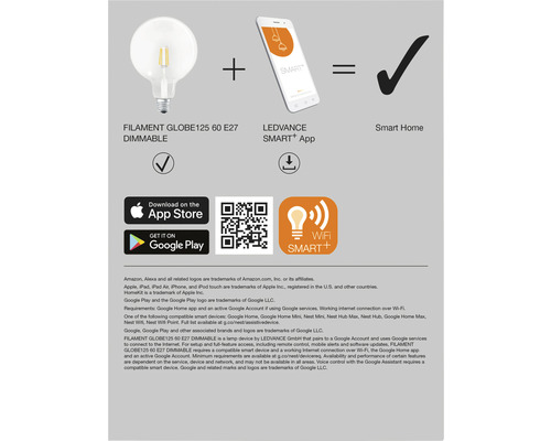 Filament Globe125 60 E27 dimmbar plus LEDVANCE Smart Plus App gleich Smart Home