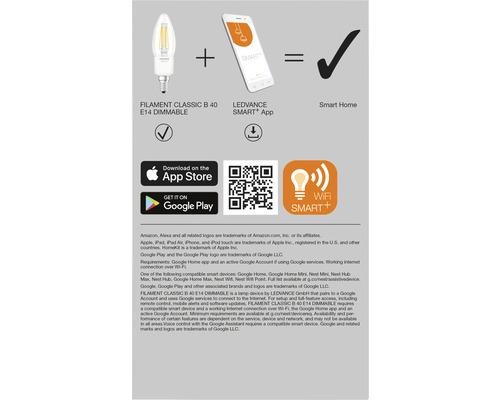 Filament Classic B 40 E14 dimmbare Lampe, Ledvance Smart plus App und Smart Home Funktion