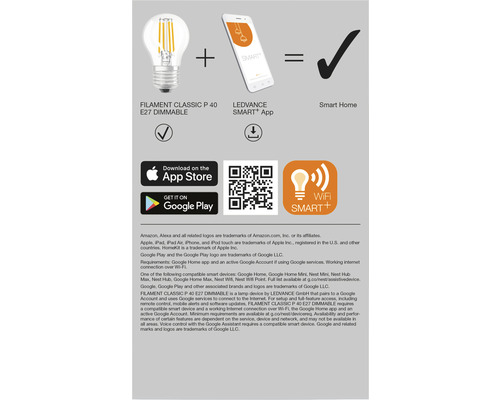 Informations produit sur la lampe LEDVANCE Smart Home Filament Classic P 40 E27 Dimmable et l''application LEDVANCE Smart+