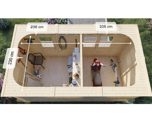 Draufsicht auf ein Gartenhaus mit Maßangaben zu Höhe und Breite.