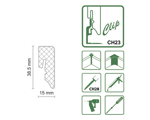 Illustration d''un profilé Clip CH23 avec indications de dimensions et consignes de mise en œuvre