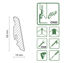 Diagramm einer Sockelleiste mit den Maßen 58 mm Höhe und 19 mm Breite sowie Symbole für Clipmontage, Eckverbindungen und Befestigungsmethoden.