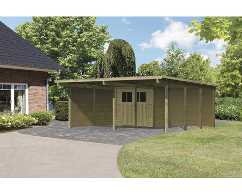 Carport double Karibu Eco 2 set avec zone de stockage intégrée de 3,7 m², 2 parois latérales et une paroi arrière 527x576 cm traité en autoclave par imprégnation