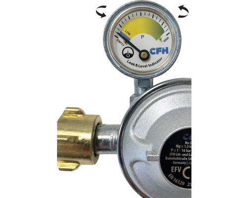 Logo CFH sur un régulateur de pression de gaz avec indicateur de niveau