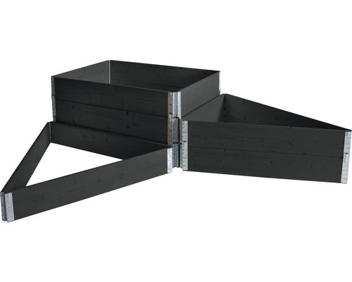 Système de potager surélevé en bois avec des éléments rectangulaires et triangulaires