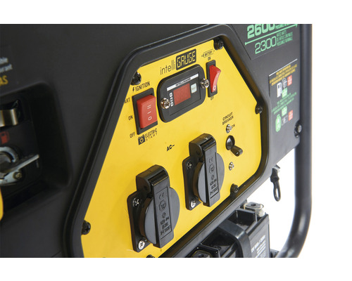 Vue détaillée d''un générateur électrique avec allumage, affichage, prises de courant et disjoncteur