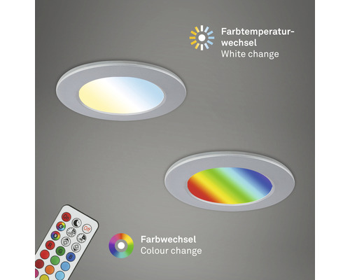 Deux spots encastrables LED avec changement de couleur et contrôle de la température, ainsi qu''une télécommande