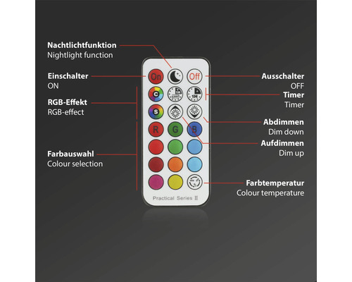 Télécommande avec boutons pour contrôler la fonction veilleuse, l''interrupteur marche/arrêt, l''effet RGB, la sélection des couleurs, la minuterie, la fonction de variation et la température de couleur.