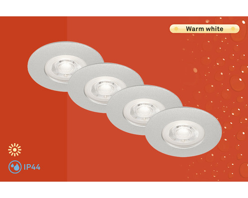 Lot d'éclairages LED à encastrer 4 pces 4,9W 480 lm 3000 K blanc chaud IP44 chrome-mat Ø 90/68 mm 230V 4 pièces