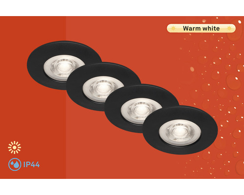 Lot d'éclairages LED à encastrer 4 pces 4,9W 480 lm 3000 K blanc chaud IP44 noir Ø 90/68 mm 230V 4 pièces