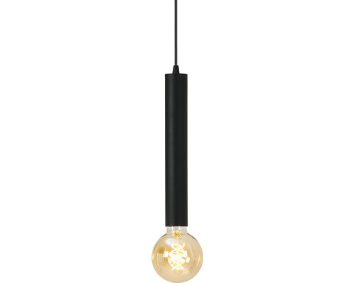 Hängelampe mit schwarzem zylindrischem Schirm und Glühbirne