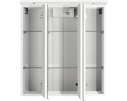 Armoire de toilette ouverte avec prise et étagères en verre