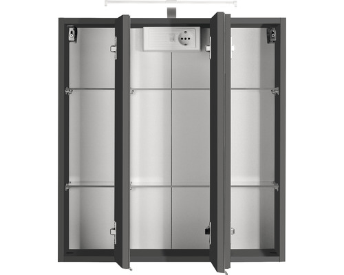 Armoire de toilette ouverte avec prise et étagères en verre