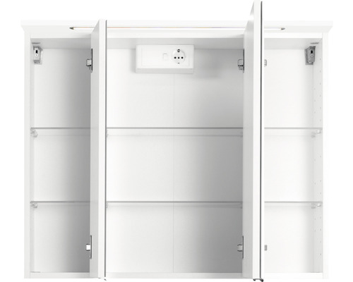 Armoire de toilette ouverte avec prise et étagères en verre
