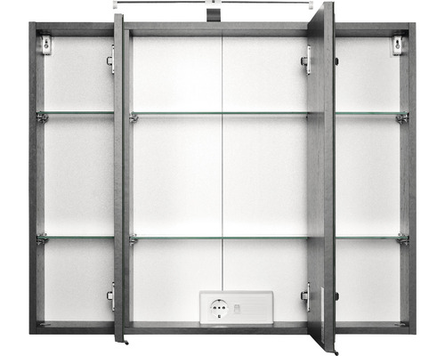 Armoire de toilette avec trois portes, étagères en verre et prise de courant