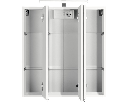 Geöffneter Spiegelschrank mit Steckdose und Glasböden