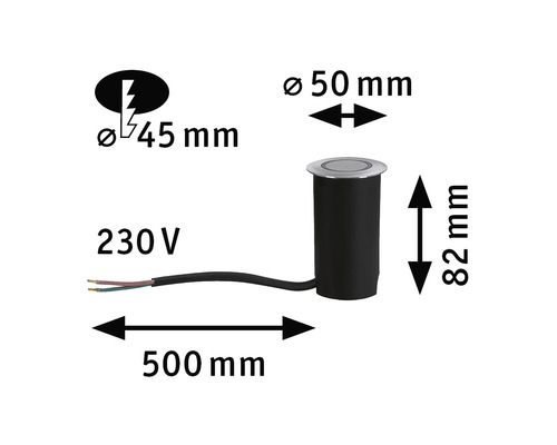 Technische Zeichnung einer Bodeneinbauleuchte mit den Maßen: Durchmesser 50 mm, Höhe 82 mm, Kabellänge 500 mm, Durchmesser des Einbaulochs 45 mm, 230 Volt Spannung