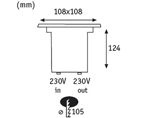 Technische Zeichnung einer Leuchte mit den Maßen 108 x 108 Millimeter, Höhe 124 Millimeter und 230 V Anschluss