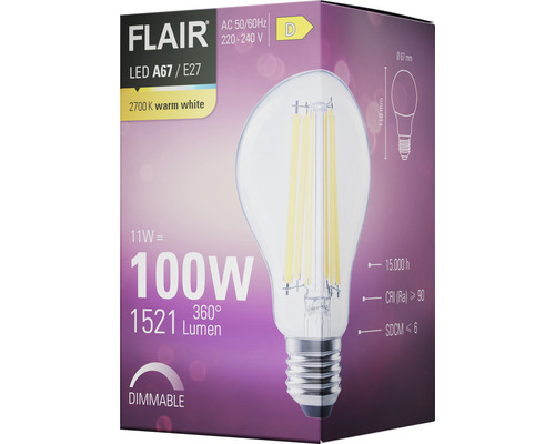 Lampe LED FLAIR A67 E27, 100 watts, dimmable sur l''emballage