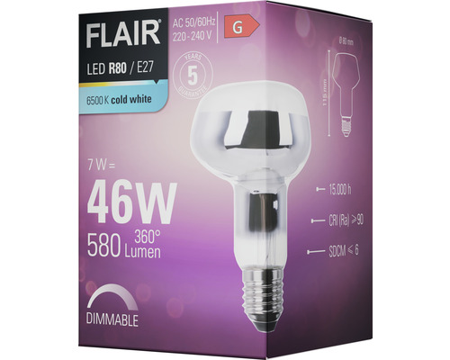 FLAIR LED Lampe R80 E27, 7 Watt, 46 Watt Entspricht, 6500 Kelvin Kaltweiß, dimmbar
