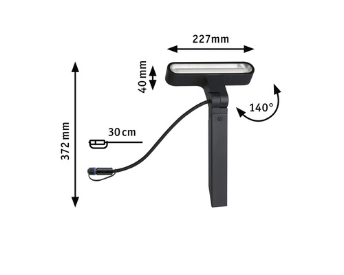 Abmessungen einer Gartenleuchte: 372 mm Höhe, 227 mm Breite, 40 mm Kopftiefe, 30 cm Kabellänge, 140 Grad schwenkbar