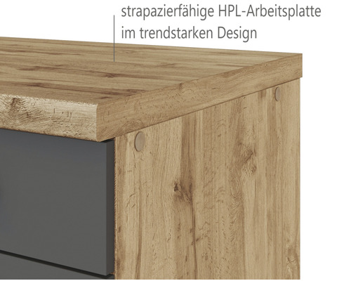 Vue détaillée d''une commode avec un plan de travail HPL résistant dans un design tendance