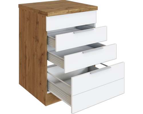 Commode avec quatre tiroirs, partiellement ouverte, structure en bois