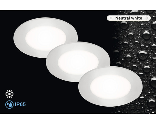 Trois spots encastrables ronds avec lumière blanche neutre et indice de protection IP65