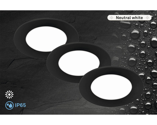 Trois spots encastrables LED ronds avec lumière blanc neutre et indice de protection IP65