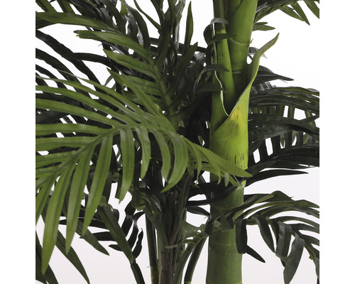 Gros plan d''un palmier artificiel Areca avec des feuilles et des troncs verts.