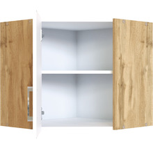Armoire murale ouverte avec portes en bois et deux étagères