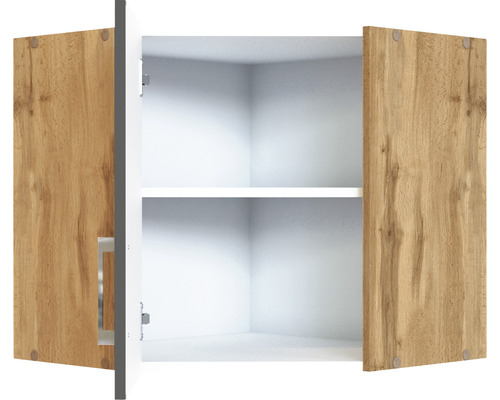 Offener Hängeschrank mit Holztüren und zwei Ablageflächen