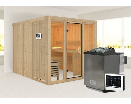 Sauna modulaire Karibu Laskaja avec poêle bio 9 kW et commande extérieure, sans couronne, avec porte entièrement vitrée coloris bronze