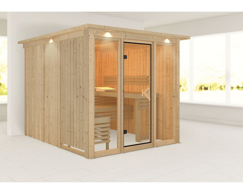 Holzsauna mit Glastür und Sitzbänken für den Innenbereich