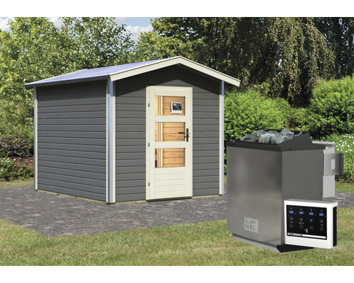 Chalet sauna Karibu Nosse 1 avec poêle bio 9 kW et commande externe avec vestibule et porte en bois avec verre transparent gris terre cuite/blanc