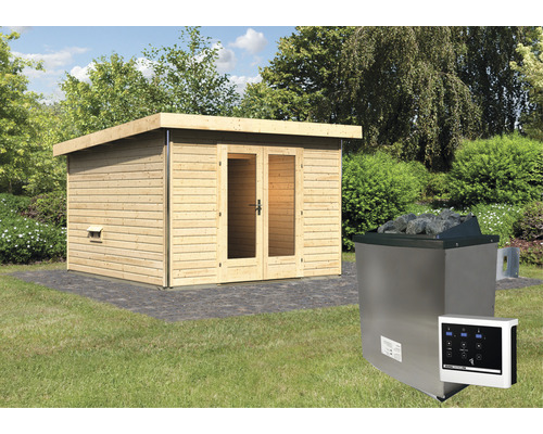 Sauna de jardin avec revêtement en bois, porte en verre et poêle de sauna