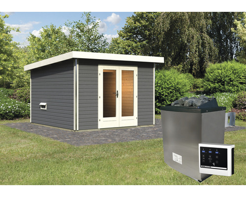 Sauna extérieur avec poêle et commande dans le jardin