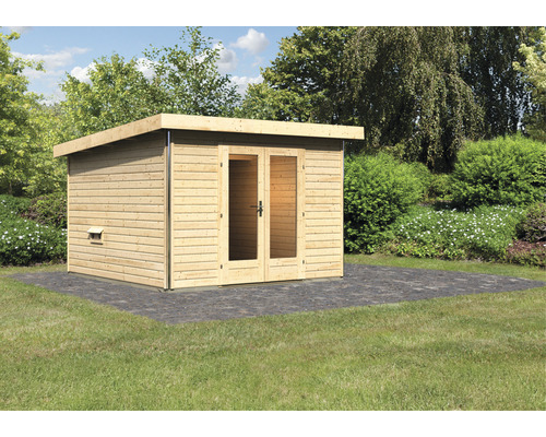 Abri de jardin en bois avec double porte sur pavés dans le jardin