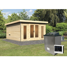 Jardin avec sauna en bois et poêle de sauna
