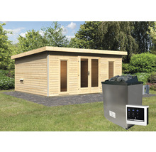 Sauna en bois avec poêle et commande dans le jardin