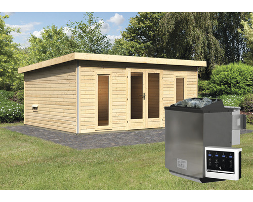 Sauna en bois avec poêle de sauna dans le jardin