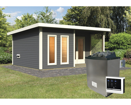 Sauna extérieure avec poêle de sauna et commande numérique dans le jardin