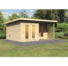 Gartenhaus aus Holz mit Flachdach, Fenstern, Tür und überdachter Terrasse
