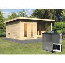 Jardin avec sauna en bois et poêle de sauna