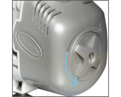 Vue détaillée d''un appareil avec l''inscription ''Tirer pour ouvrir'' et des flèches indiquant le sens de rotation.