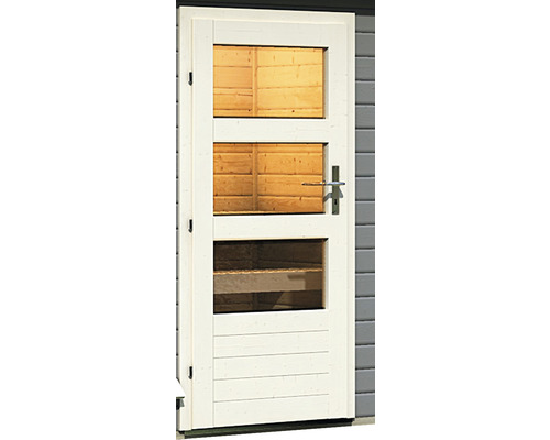 Porte en bois avec trois fenêtres pour abri de jardin