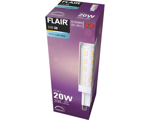 Verpackung einer dimmbaren Flair LED G9 Lampe mit 6500 Kelvin kaltweißem Licht